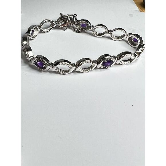 Unbranded Jewelry - Sterling Silver Amethyst Color Bracelet with Diamond Accents Oval Cut Purple 7”